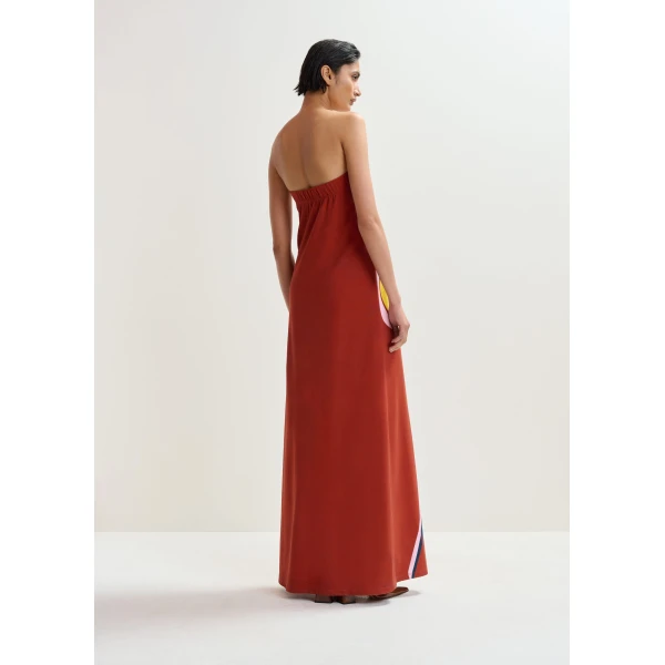 Essentiel Antwerp Rust, Cream And Yellow Strapless Maxi Dress With Oversized Floral Print, view 5