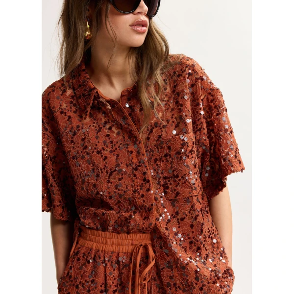 Essentiel Antwerp Rust Sequin-Embellished Short-Sleeve Shirt, view 2