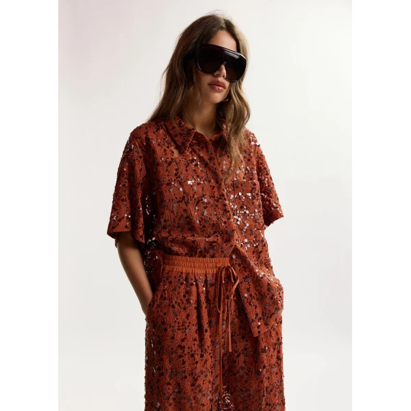 Essentiel Antwerp Rust Sequin-Embellished Short-Sleeve Shirt, view 3
