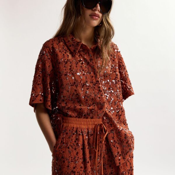 Essentiel Antwerp Rust Sequin-Embellished Short-Sleeve Shirt - Essentiel Antwerp Shorts - Colorful Belgian Design - Shop at Coveti