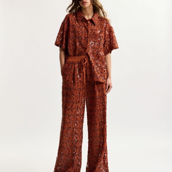 Essentiel Antwerp Rust Sequin-Embellished Short-Sleeve Shirt - Essentiel Antwerp Shorts - Colorful Belgian Design - Shop at Coveti