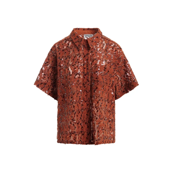 Essentiel Antwerp Rust Sequin-Embellished Short-Sleeve Shirt - Essentiel Antwerp Shorts - Colorful Belgian Design - Shop at Coveti