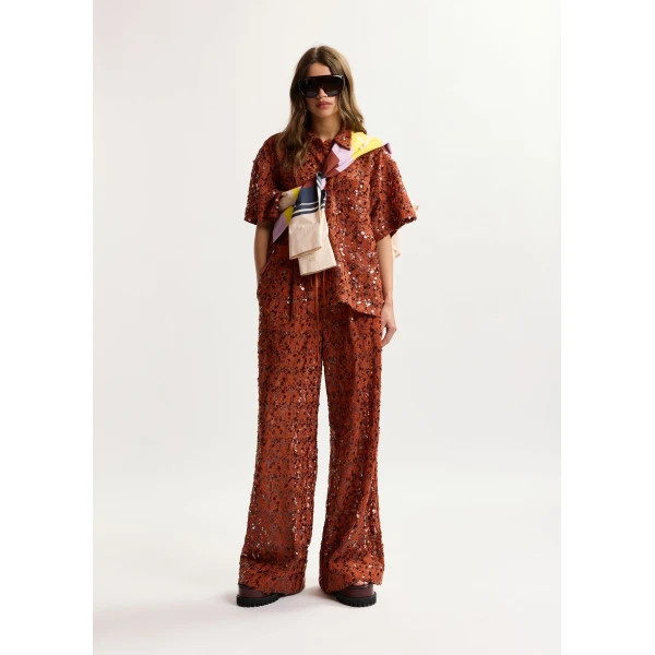 Essentiel Antwerp Rust Sequin-Embellished Wide-Leg Trousers, view 2