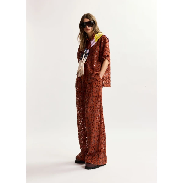 Essentiel Antwerp Rust Sequin-Embellished Wide-Leg Trousers, view 3