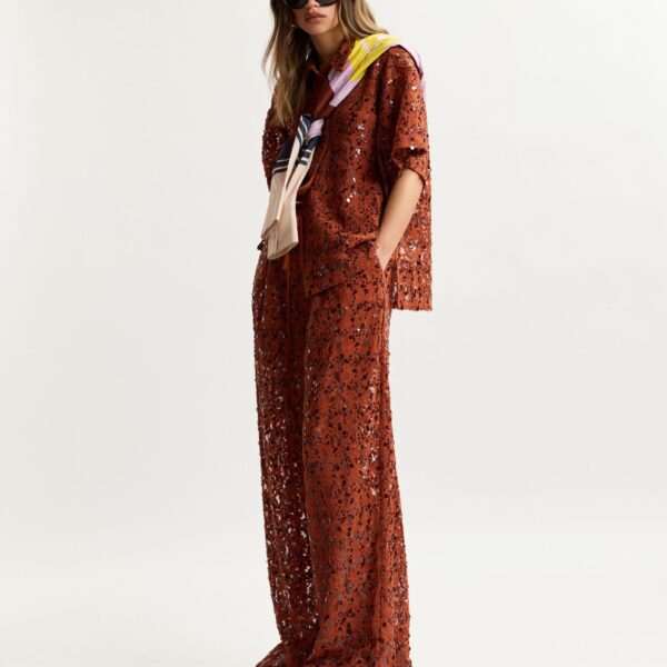 Essentiel Antwerp Rust Sequin-Embellished Wide-Leg Trousers - Essentiel Antwerp Pants - Colorful Belgian Design - Shop at Coveti