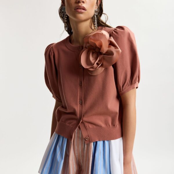 Essentiel Antwerp Terracotta Fine Knit Cardigan With Oversized Flower Brooch - Essentiel Antwerp Knitwear - Colorful Belgian Design - Shop at Coveti