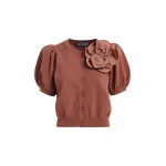 Essentiel Antwerp Terracotta Fine Knit Cardigan With Oversized Flower Brooch - Essentiel Antwerp Knitwear - Colorful Belgian Design - Shop at Coveti