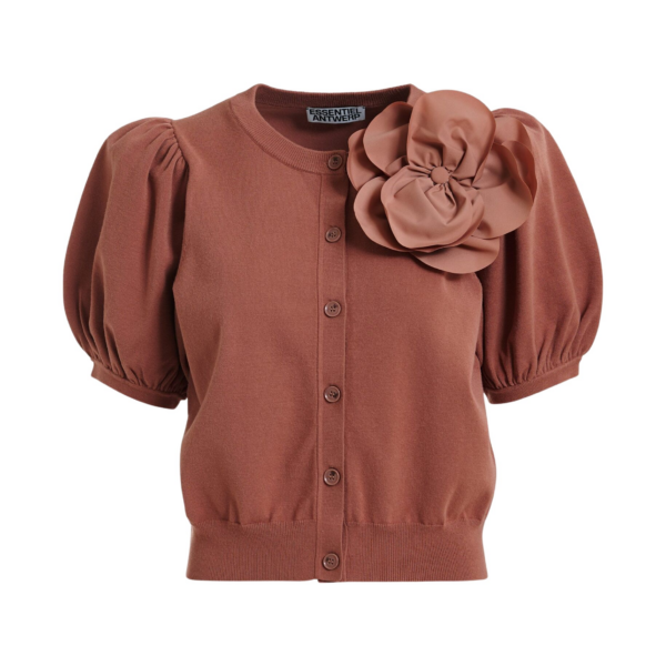 Essentiel Antwerp Terracotta Fine Knit Cardigan With Oversized Flower Brooch - Essentiel Antwerp Knitwear - Colorful Belgian Design - Shop at Coveti
