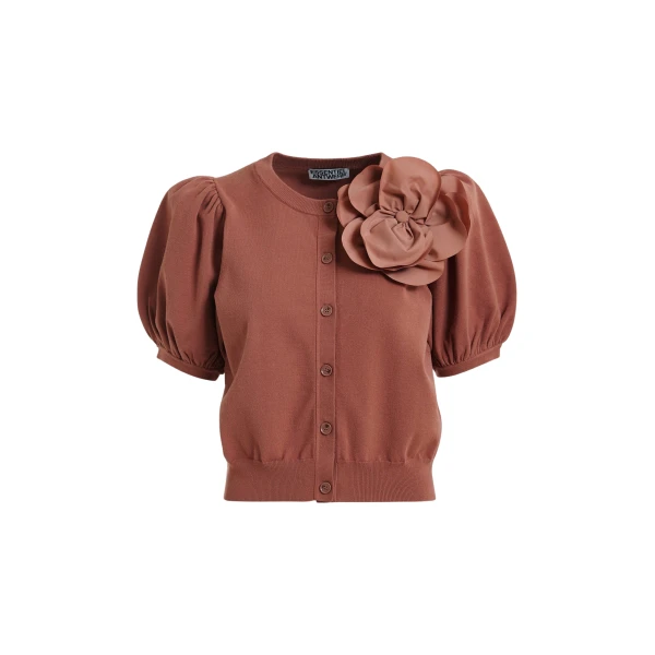 Essentiel Antwerp Terracotta Fine Knit Cardigan With Oversized Flower Brooch - Essentiel Antwerp Knitwear - Colorful Belgian Design - Shop at Coveti