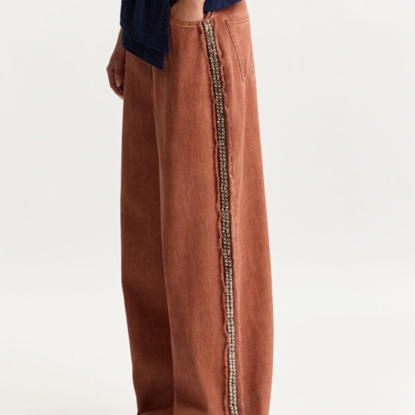 Essentiel Antwerp Terracotta High-Rise Wide-Leg Jeans With Embellished Side Trims - Essentiel Antwerp Pants - Colorful Belgian Design - Shop at Coveti