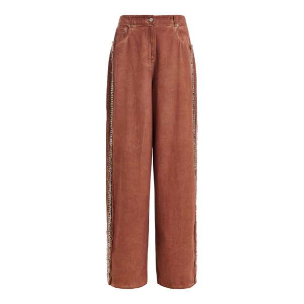 Essentiel Antwerp Terracotta High-Rise Wide-Leg Jeans With Embellished Side Trims - Essentiel Antwerp Pants - Colorful Belgian Design - Shop at Coveti