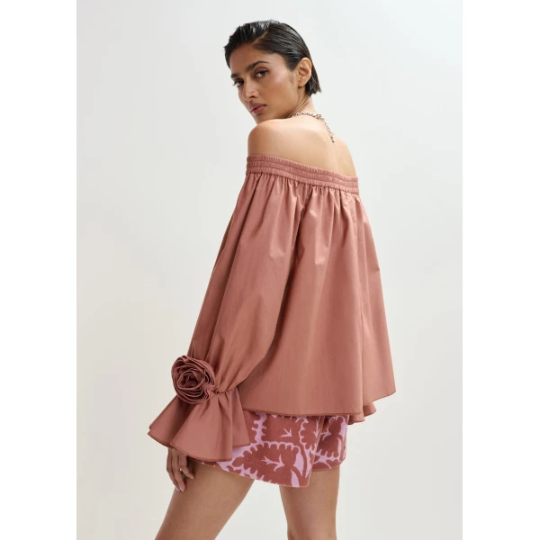 Essentiel Antwerp Vintage Pink Strapless Cotton Top With Rosette Details, view 2