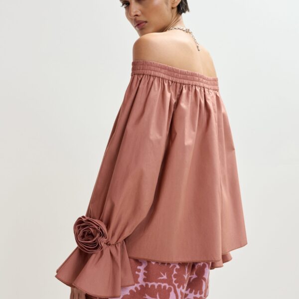 Essentiel Antwerp Vintage Pink Strapless Cotton Top With Rosette Details - Essentiel Antwerp Tops - Colorful Belgian Design - Shop at Coveti