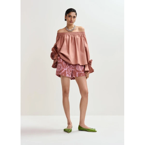 Essentiel Antwerp Vintage Pink Strapless Cotton Top With Rosette Details, view 3