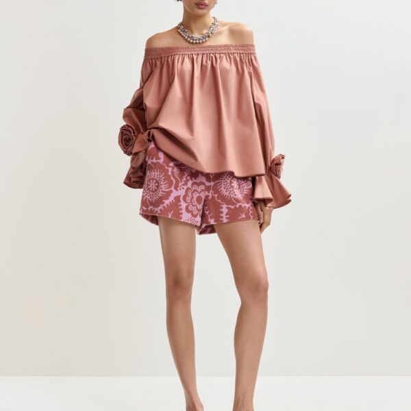 Essentiel Antwerp Vintage Pink Strapless Cotton Top With Rosette Details - Essentiel Antwerp Tops - Colorful Belgian Design - Shop at Coveti