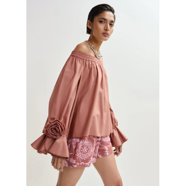 Essentiel Antwerp Vintage Pink Strapless Cotton Top With Rosette Details, view 4