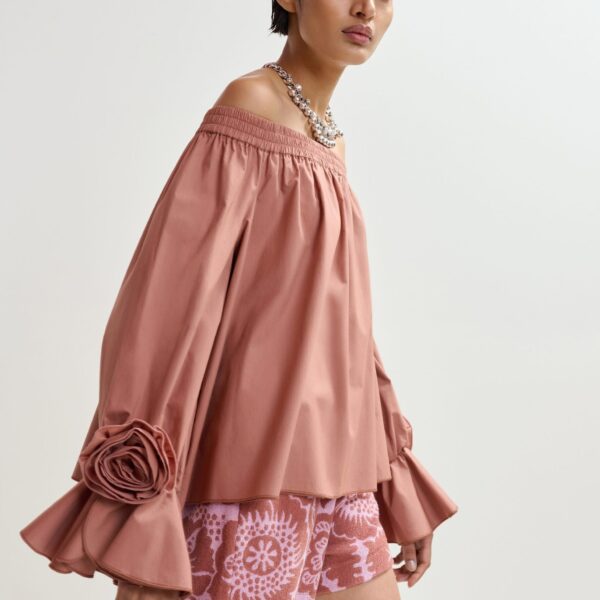 Essentiel Antwerp Vintage Pink Strapless Cotton Top With Rosette Details - Essentiel Antwerp Tops - Colorful Belgian Design - Shop at Coveti