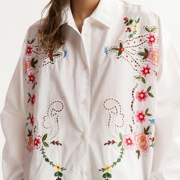 Essentiel Antwerp White And Multicolor Floral Embroidered Oversized Cotton Shirt - Essentiel Antwerp Tops - Colorful Belgian Design - Shop at Coveti