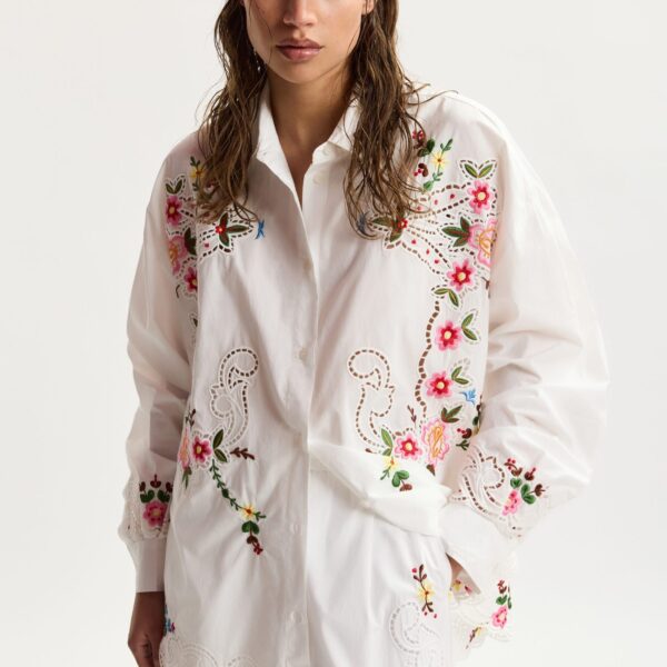 Essentiel Antwerp White And Multicolor Floral Embroidered Oversized Cotton Shirt - Essentiel Antwerp Tops - Colorful Belgian Design - Shop at Coveti