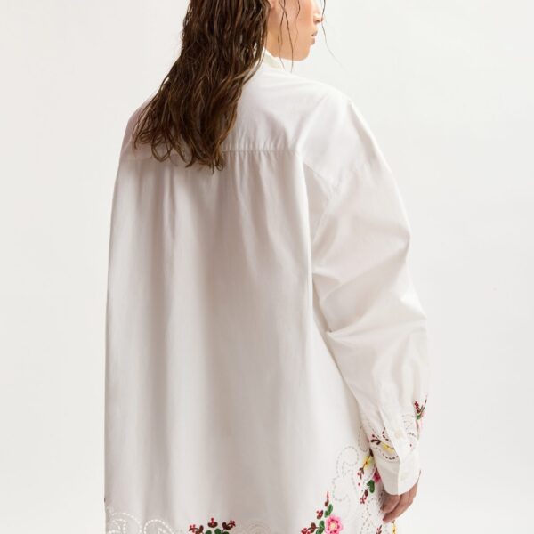 Essentiel Antwerp White And Multicolor Floral Embroidered Oversized Cotton Shirt - Essentiel Antwerp Tops - Colorful Belgian Design - Shop at Coveti