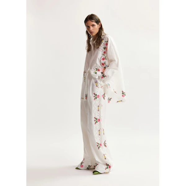 Essentiel Antwerp White And Multicolor Floral Embroidered Wide-Leg Cotton Trousers, view 2