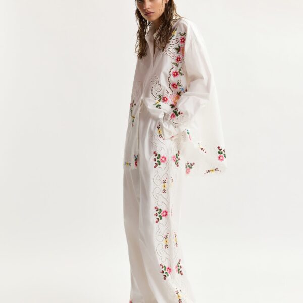 Essentiel Antwerp White And Multicolor Floral Embroidered Wide-Leg Cotton Trousers - Essentiel Antwerp Pants - Colorful Belgian Design - Shop at Coveti