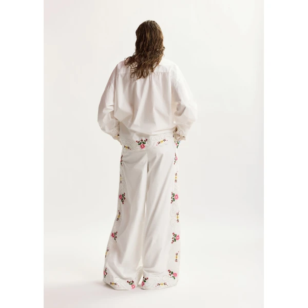 Essentiel Antwerp White And Multicolor Floral Embroidered Wide-Leg Cotton Trousers, view 3