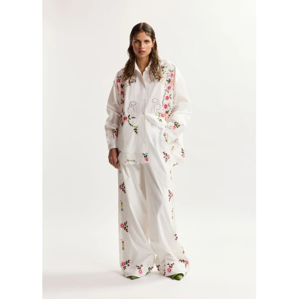 Essentiel Antwerp White And Multicolor Floral Embroidered Wide-Leg Cotton Trousers, view 4