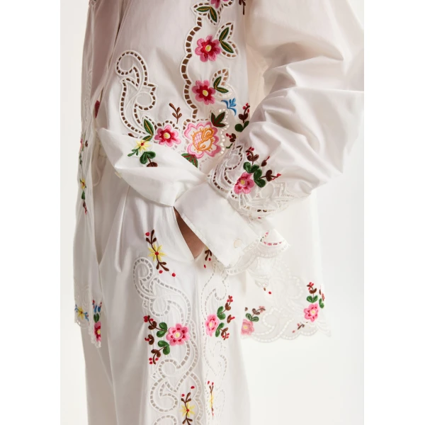 Essentiel Antwerp White And Multicolor Floral Embroidered Wide-Leg Cotton Trousers, view 5