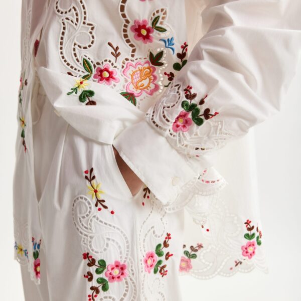 Essentiel Antwerp White And Multicolor Floral Embroidered Wide-Leg Cotton Trousers - Essentiel Antwerp Pants - Colorful Belgian Design - Shop at Coveti