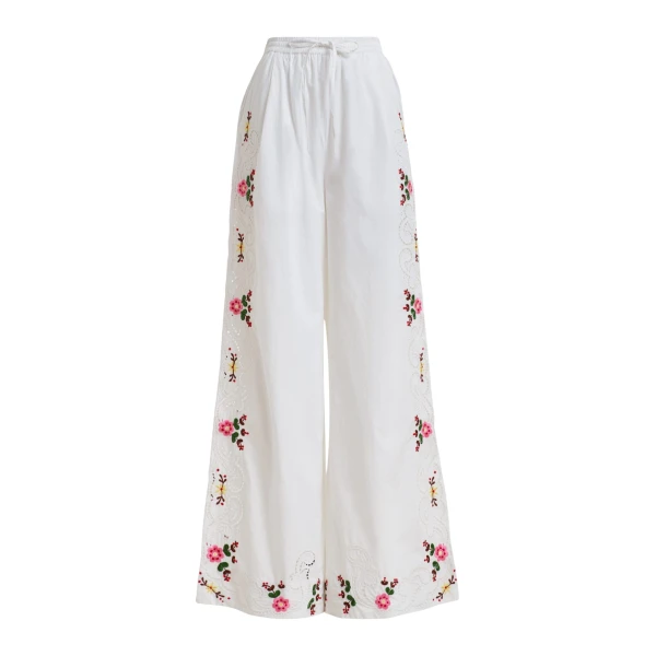 Essentiel Antwerp White And Multicolor Floral Embroidered Wide-Leg Cotton Trousers - Essentiel Antwerp Pants - Colorful Belgian Design - Shop at Coveti