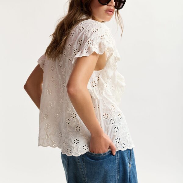 Essentiel Antwerp White Broderie Anglaise Cotton Blouse With Ruffled Trims - Essentiel Antwerp Tops - Colorful Belgian Design - Shop at Coveti