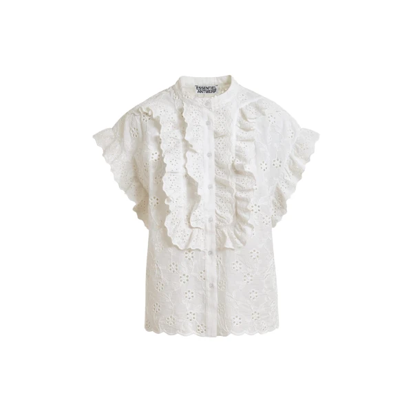 Essentiel Antwerp White Broderie Anglaise Cotton Blouse With Ruffled Trims - Essentiel Antwerp Tops - Colorful Belgian Design - Shop at Coveti