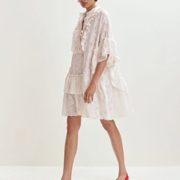 Essentiel Antwerp White Broderie Anglaise Cotton Mini Dress With Ruffled Trims - Essentiel Antwerp Dresses - Colorful Belgian Design - Shop at Coveti