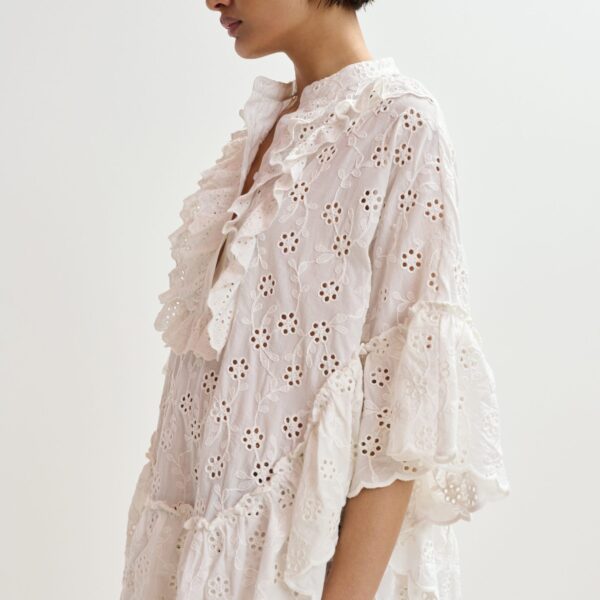 Essentiel Antwerp White Broderie Anglaise Cotton Mini Dress With Ruffled Trims - Essentiel Antwerp Dresses - Colorful Belgian Design - Shop at Coveti