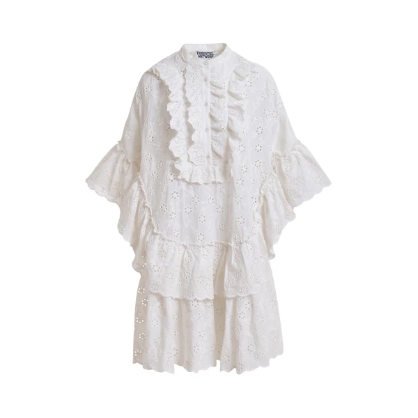 Essentiel Antwerp White Broderie Anglaise Cotton Mini Dress With Ruffled Trims - Essentiel Antwerp Dresses - Colorful Belgian Design - Shop at Coveti