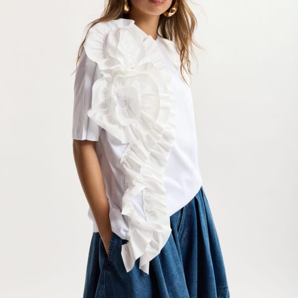 Essentiel Antwerp White Cotton T-Shirt With Oversized Floral Ruffle Detail - Essentiel Antwerp Tops - Colorful Belgian Design - Shop at Coveti