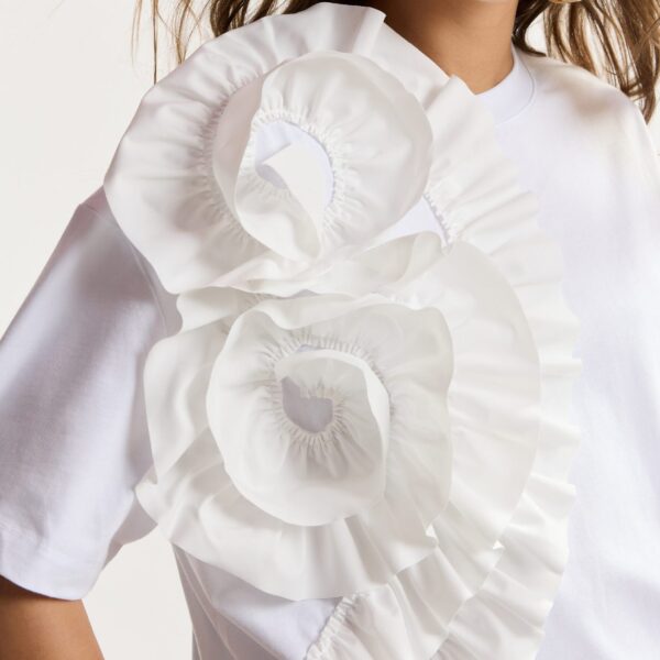 Essentiel Antwerp White Cotton T-Shirt With Oversized Floral Ruffle Detail - Essentiel Antwerp Tops - Colorful Belgian Design - Shop at Coveti