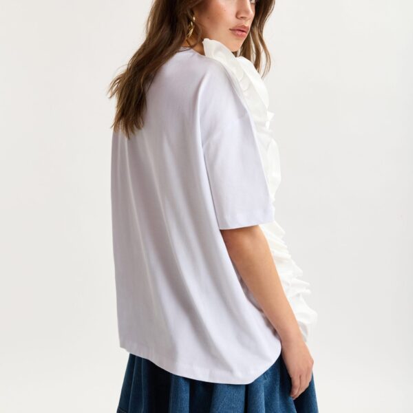 Essentiel Antwerp White Cotton T-Shirt With Oversized Floral Ruffle Detail - Essentiel Antwerp Tops - Colorful Belgian Design - Shop at Coveti