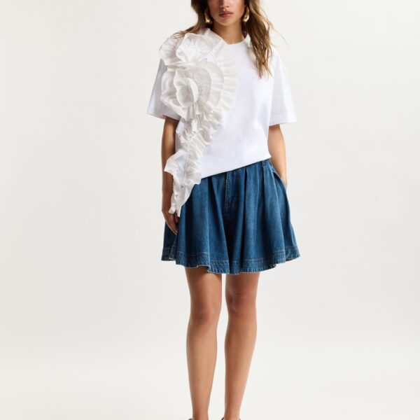 Essentiel Antwerp White Cotton T-Shirt With Oversized Floral Ruffle Detail - Essentiel Antwerp Tops - Colorful Belgian Design - Shop at Coveti