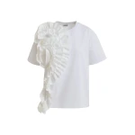 Essentiel Antwerp White Cotton T-Shirt With Oversized Floral Ruffle Detail - Essentiel Antwerp Tops - Colorful Belgian Design - Shop at Coveti