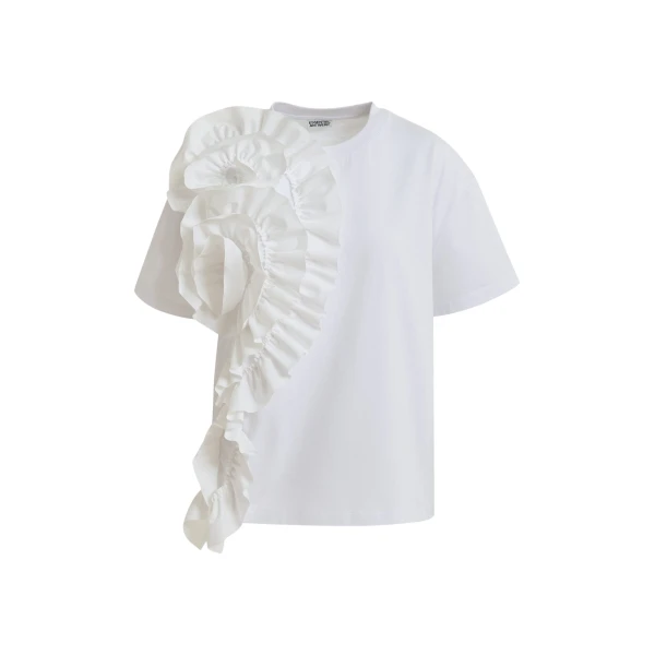 Essentiel Antwerp White Cotton T-Shirt With Oversized Floral Ruffle Detail - Essentiel Antwerp Tops - Colorful Belgian Design - Shop at Coveti