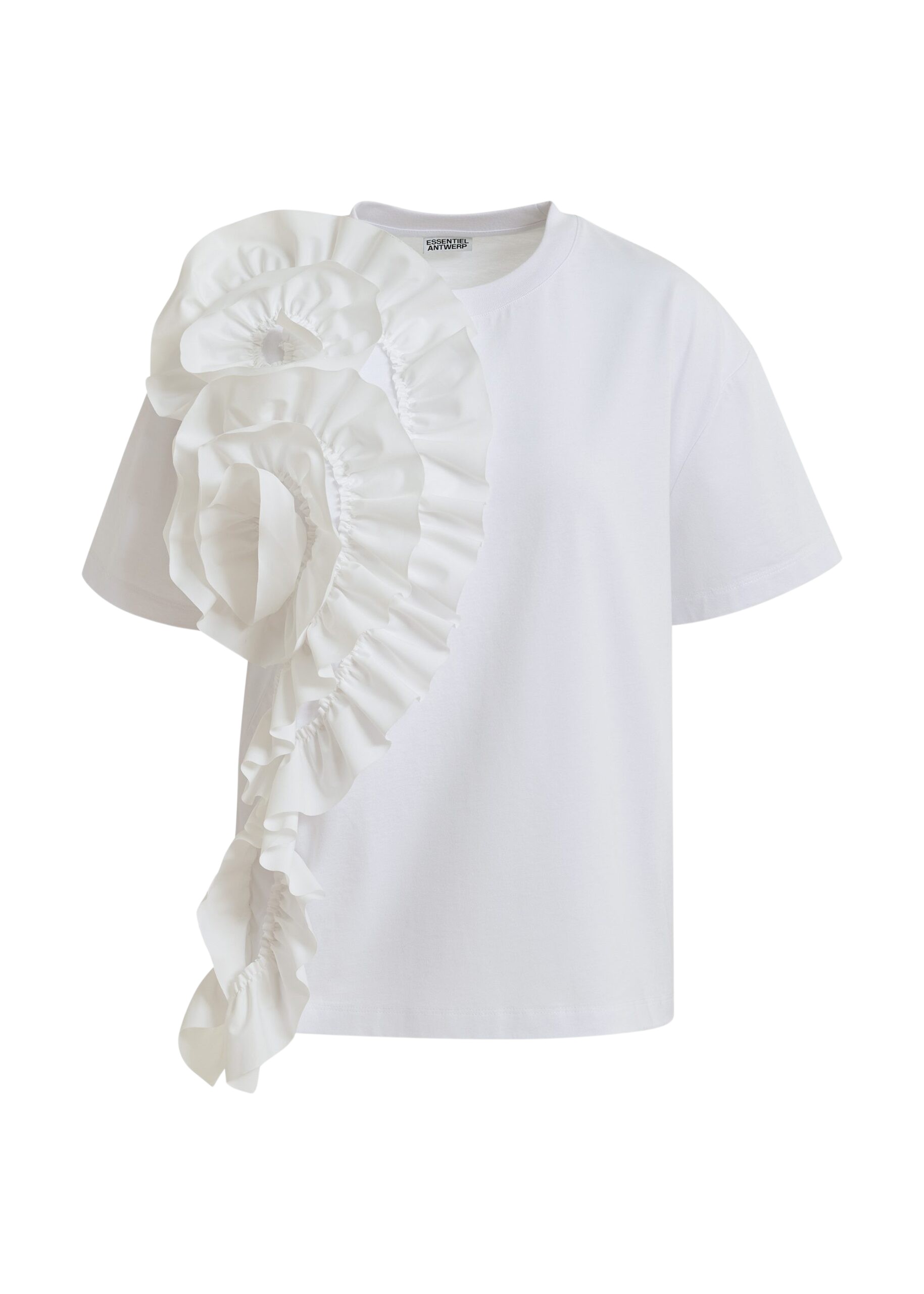 Essentiel Antwerp White Cotton T-Shirt With Oversized Floral Ruffle Detail - Essentiel Antwerp Tops - Colorful Belgian Design - Shop at Coveti