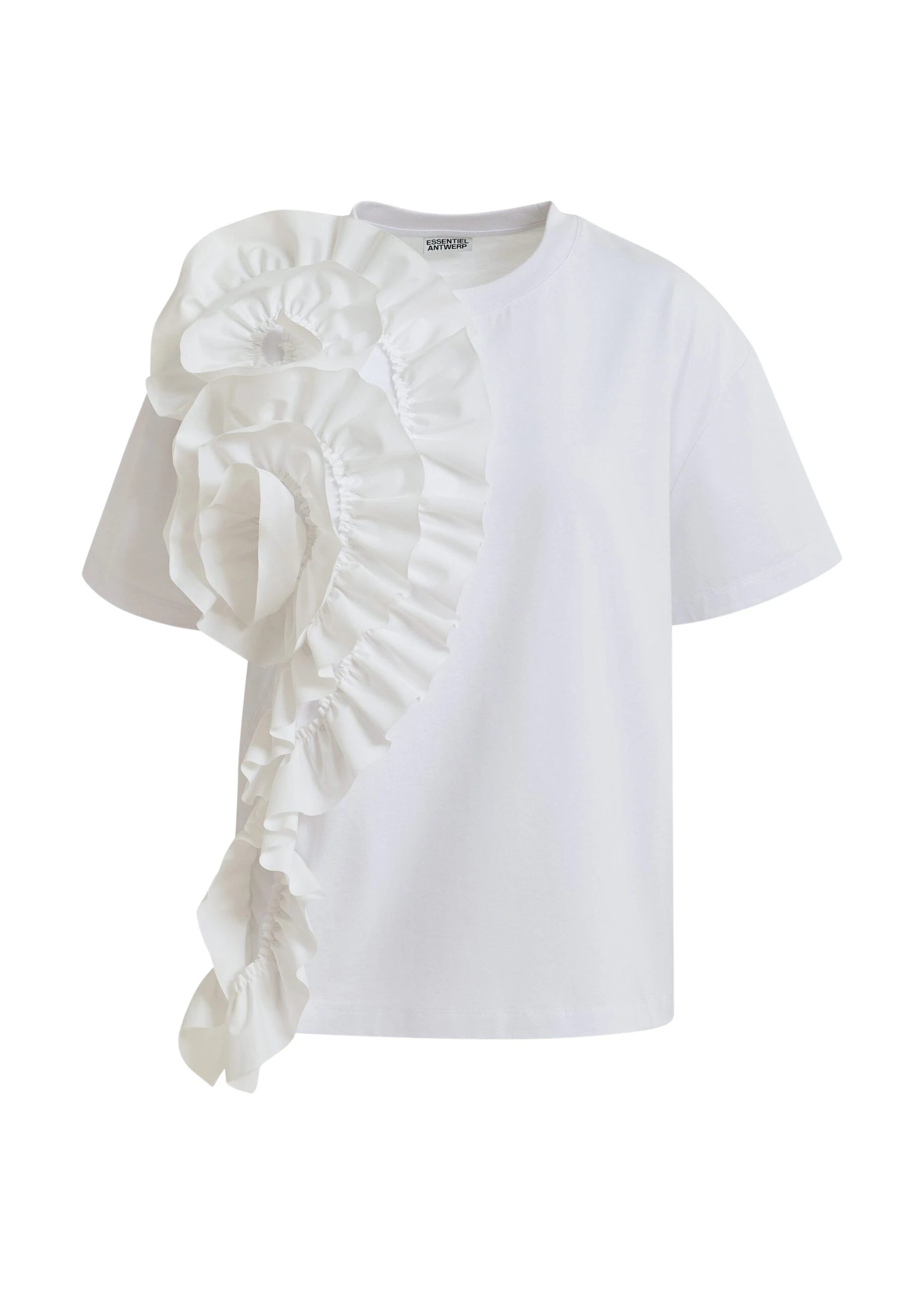 Essentiel-Antwerp-White-Cotton-T-Shirt-With-Oversized-Floral-Ruffle-Detail-scaled49636_nobg Essentiel Antwerp White Cotton T-Shirt With Oversized Floral Ruffle Detail - Essentiel Antwerp Tops - Colorful Belgian Design - Shop at Coveti