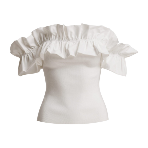 Essentiel Antwerp White Off-Shoulder Knit Top With Ruffle Trim - Essentiel Antwerp Tops - Colorful Belgian Design - Shop at Coveti