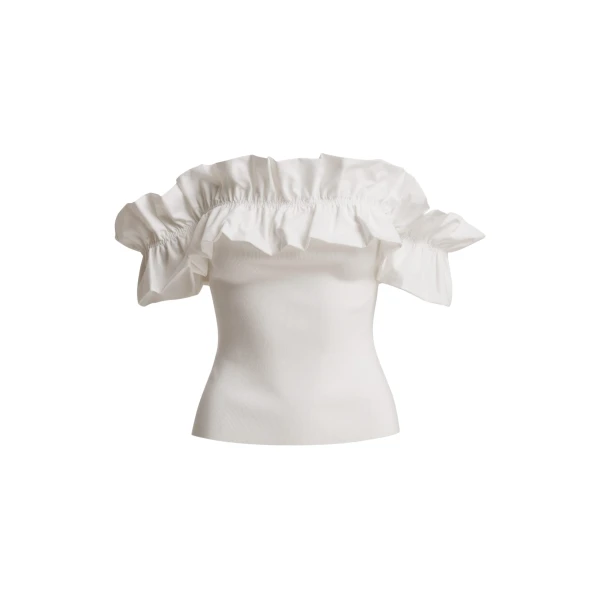 Essentiel Antwerp White Off-Shoulder Knit Top With Ruffle Trim - Essentiel Antwerp Tops - Colorful Belgian Design - Shop at Coveti