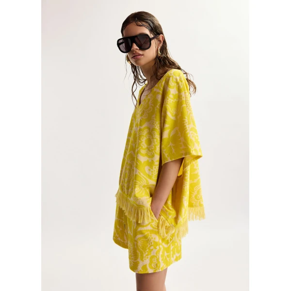 Essentiel Antwerp Yellow Floral Jacquard Cotton-Blend Shorts With Drawstring Waist, view 4