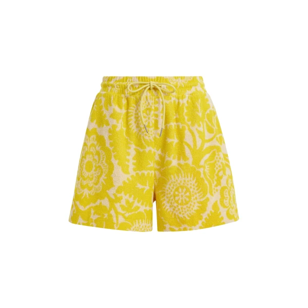 Essentiel Antwerp Yellow Floral Jacquard Cotton-Blend Shorts With Drawstring Waist - Essentiel Antwerp Shorts - Colorful Belgian Design - Shop at Coveti