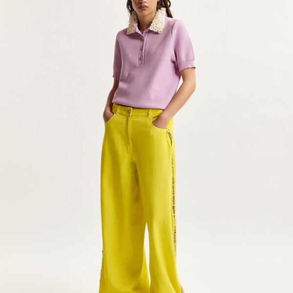 Essentiel Antwerp Yellow High-Rise Wide-Leg Jeans With Embellished Side Trims - Essentiel Antwerp Pants - Colorful Belgian Design - Shop at Coveti
