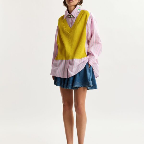 Light Pink And Light Blue Knit-Panel Oversized Shirt - Essentiel Antwerp Tops - Colorful Belgian Design - Shop at Coveti